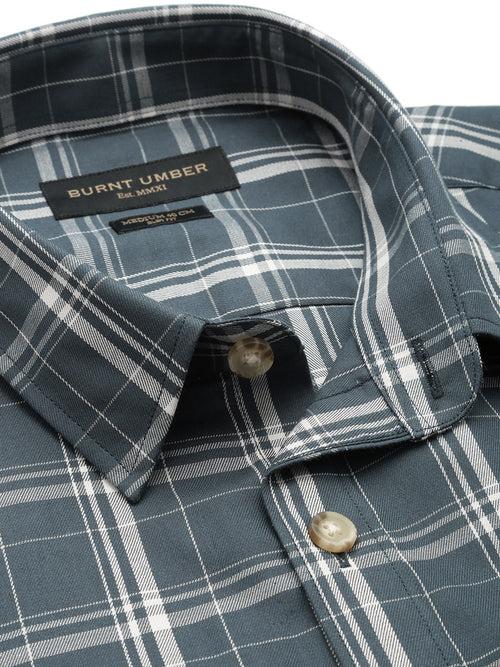 Navy Blue  White Pure Cotton Slim Fit Tartan Checked Casual Shirt