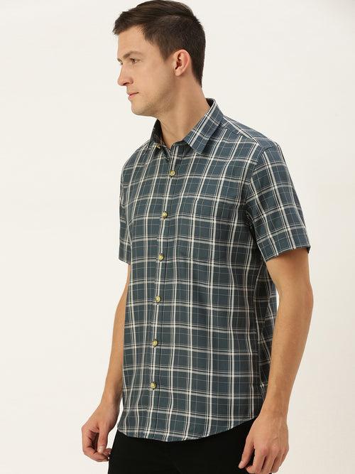 Navy Blue  White Pure Cotton Slim Fit Tartan Checked Casual Shirt