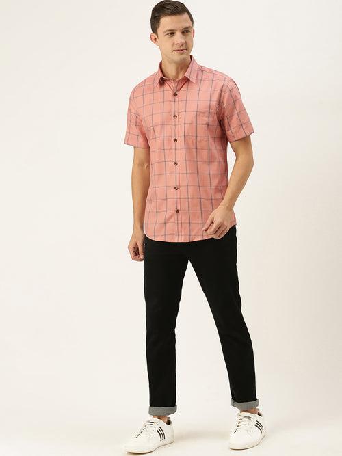 Pink  Navy Blue Slim Fit Windowpane Checked Casual Shirt