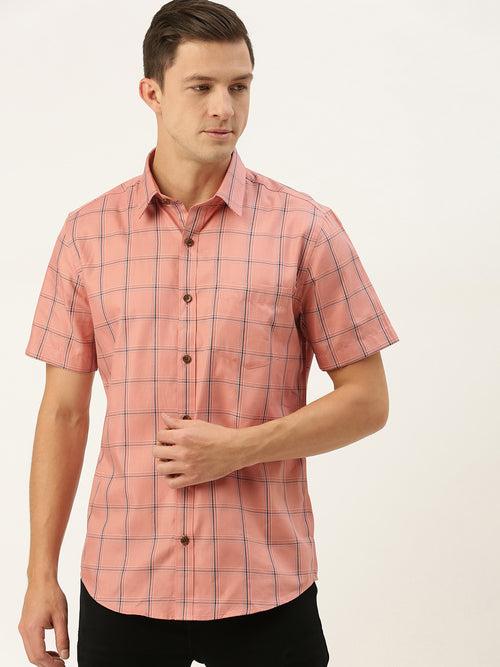 Pink  Navy Blue Slim Fit Windowpane Checked Casual Shirt