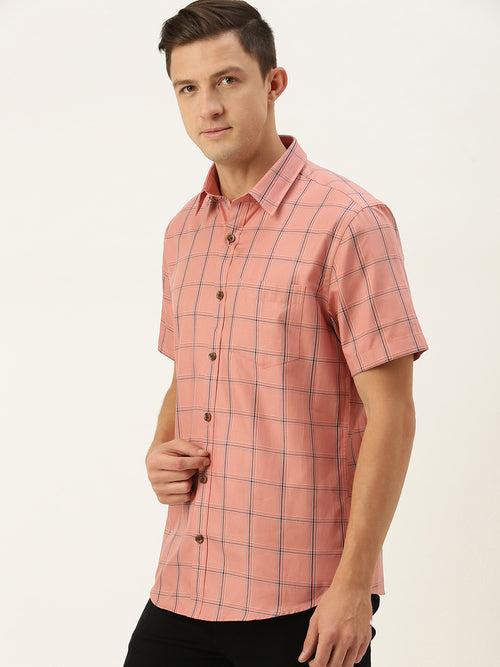 Pink  Navy Blue Slim Fit Windowpane Checked Casual Shirt