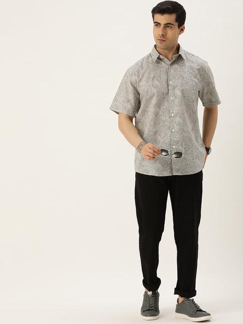 Beige & Grey Linen Cotton Printed Shirt