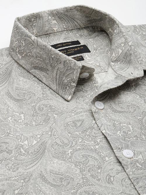 Beige & Grey Linen Cotton Printed Shirt