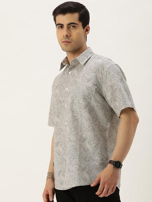 Beige & Grey Linen Cotton Printed Shirt