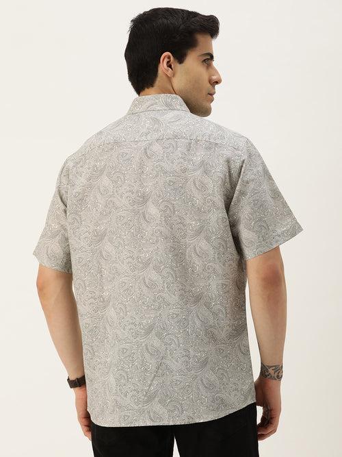 Beige & Grey Linen Cotton Printed Shirt