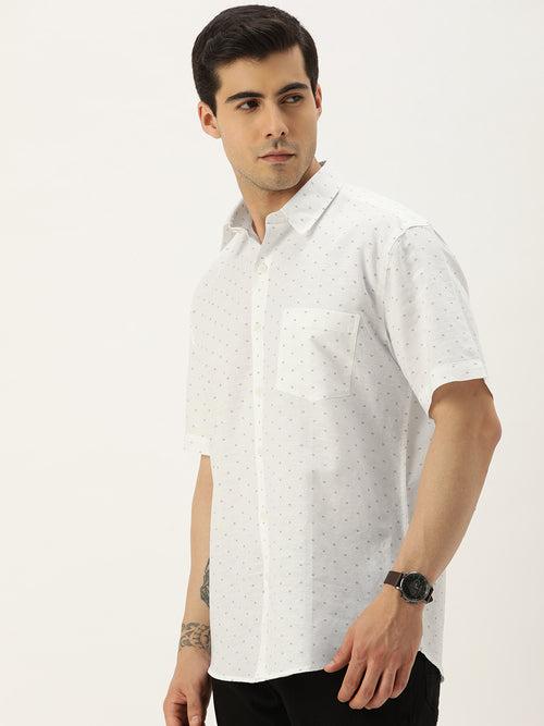 White Standard Self Design Regular Fit Casual Shirt