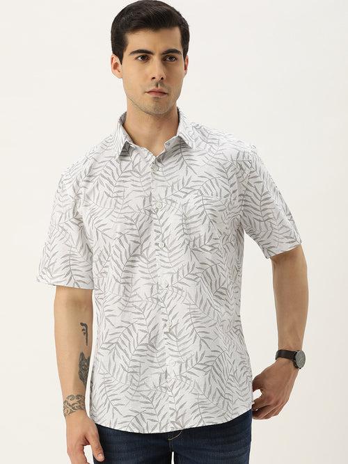 White & Grey Leaf Design Printed Shirt