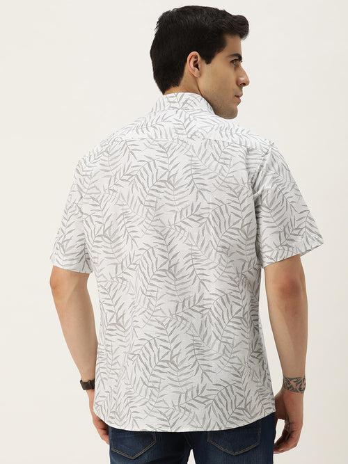 White & Grey Leaf Design Printed Shirt