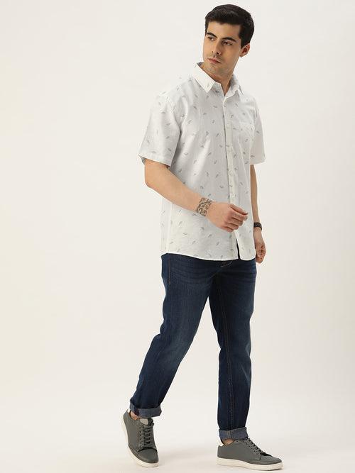 Off White & Grey Leaf Design Printed Casual Shirt