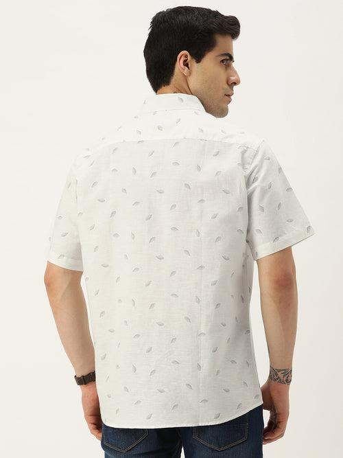 Off White & Grey Leaf Design Printed Casual Shirt