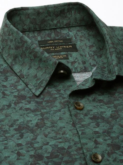 Green Digital Geometric Print Linen Cotton Shirt