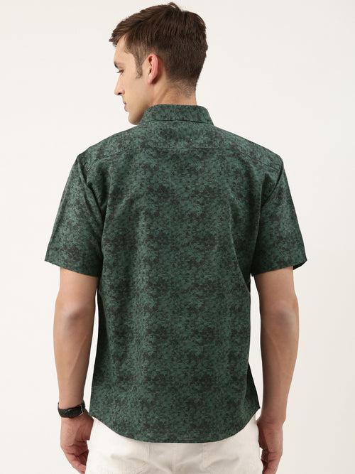 Green Digital Geometric Print Linen Cotton Shirt