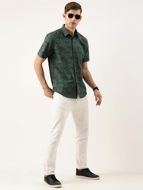 Green Digital Geometric Print Linen Cotton Shirt