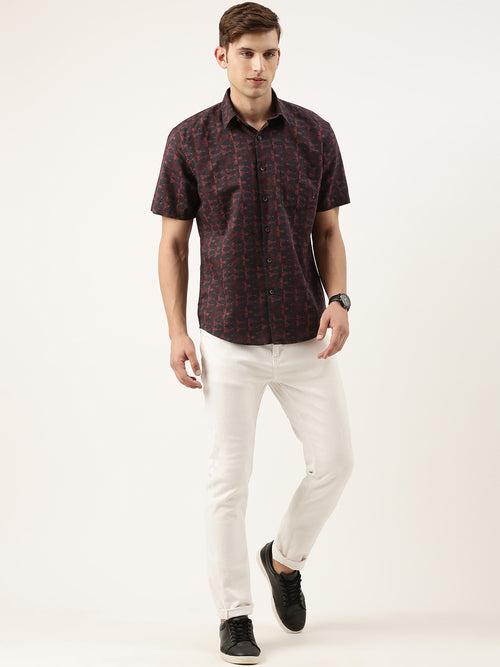 Wine Geometric Digital Print Linen Cotton Shirt