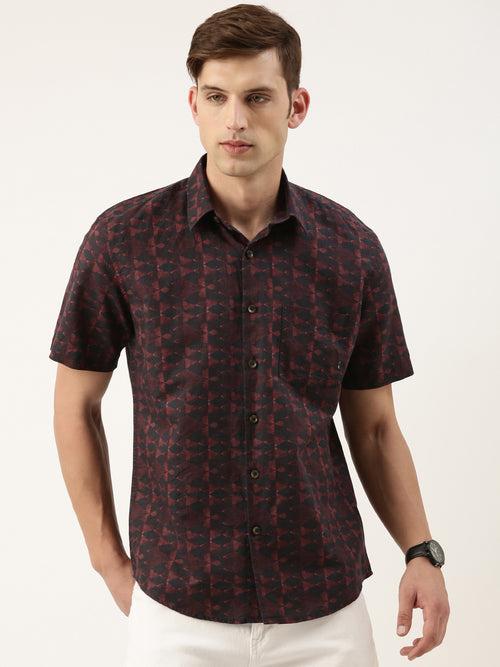 Wine Geometric Digital Print Linen Cotton Shirt