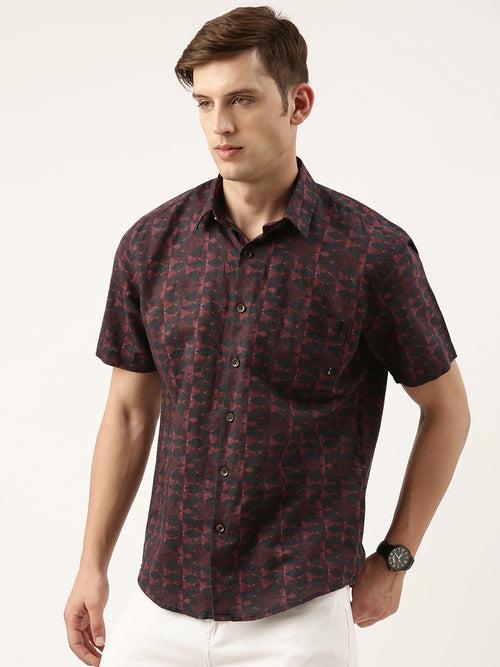 Wine Geometric Digital Print Linen Cotton Shirt