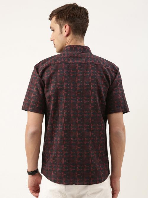 Wine Geometric Digital Print Linen Cotton Shirt