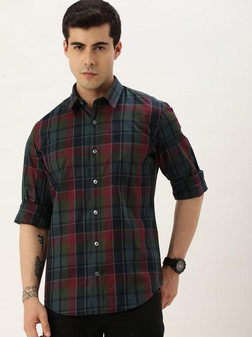 Wine Standard Checked Regular Fit Casual Shirt