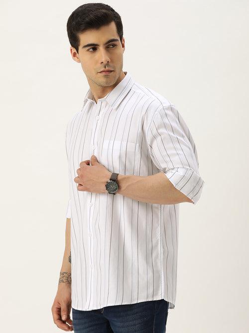 White Vertical Striped Cotton Casual Shirt