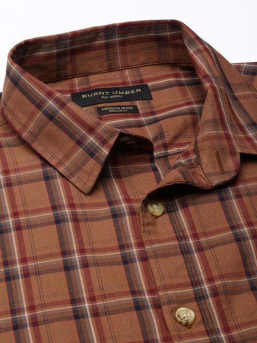 Brown Checked Cotton Regular Fit Shirt