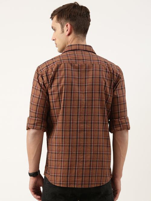 Brown Checked Cotton Regular Fit Shirt