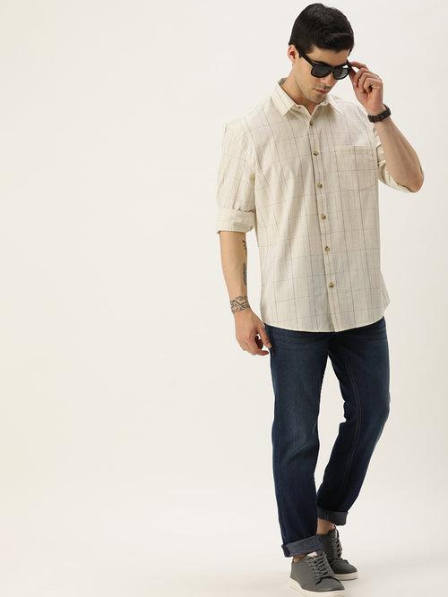 Beige Checks Cotton Full Sleeves Casual Shirt