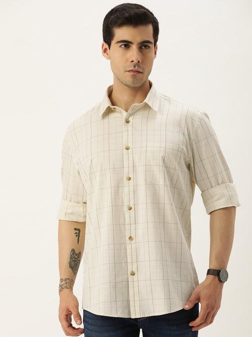 Beige Checks Cotton Full Sleeves Casual Shirt