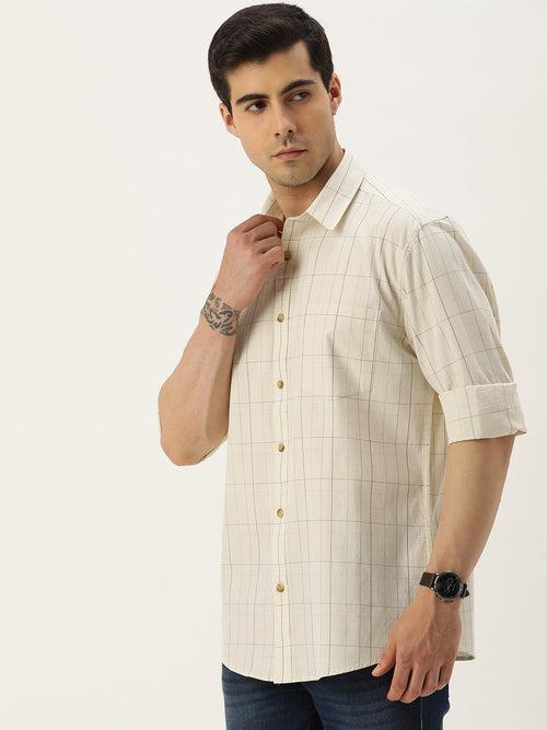 Beige Checks Cotton Full Sleeves Casual Shirt