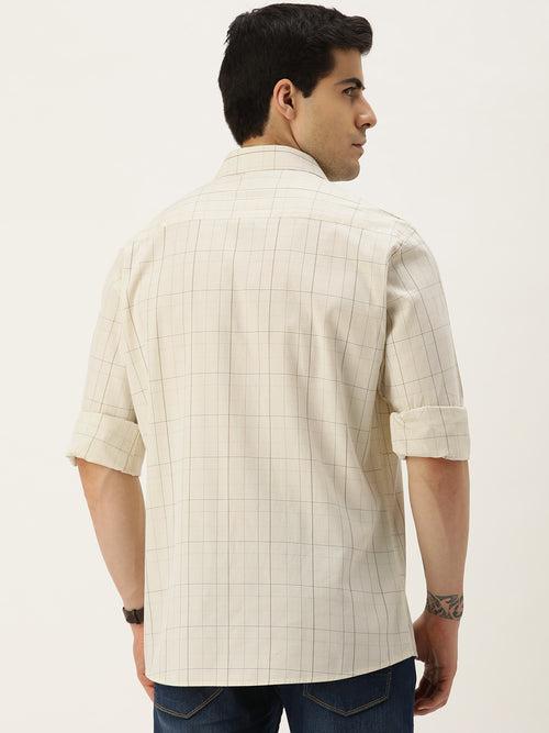 Beige Checks Cotton Full Sleeves Casual Shirt