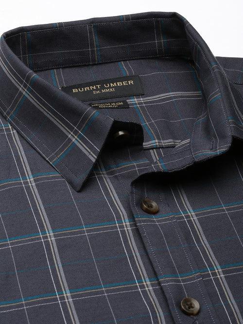 Navy Blue Regular Fit Cotton Checked Shirt