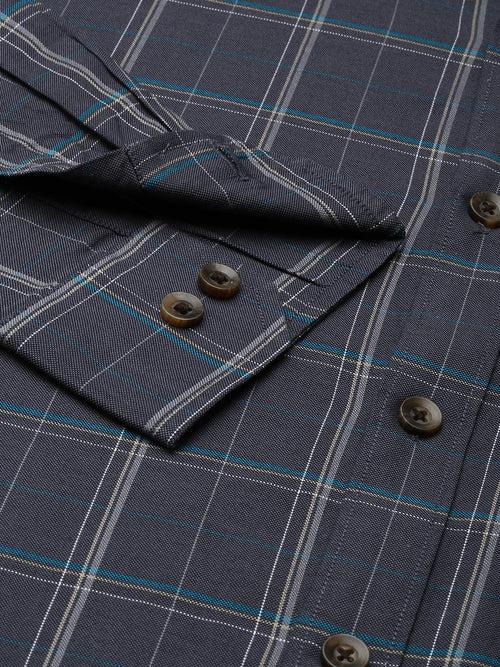 Navy Blue Regular Fit Cotton Checked Shirt