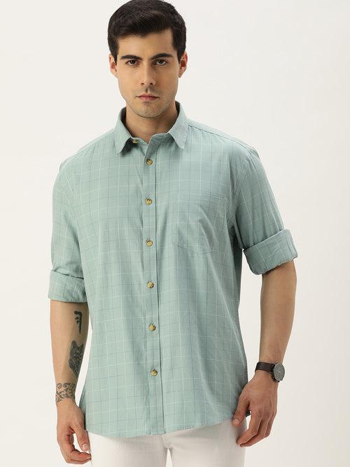 Sea Green Checks Cotton Regular Fit Casual Shirt