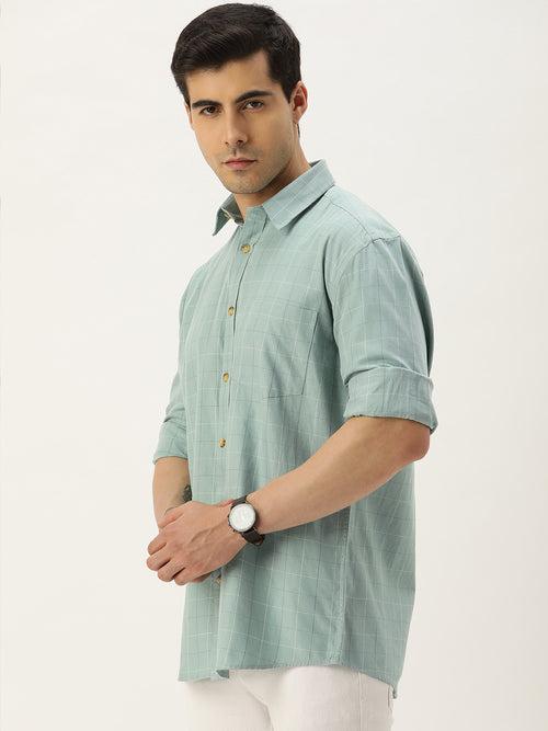 Sea Green Checks Cotton Regular Fit Casual Shirt