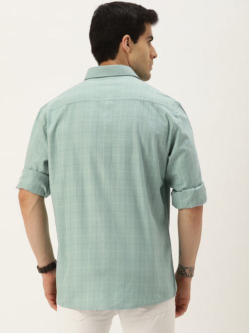 Sea Green Checks Cotton Regular Fit Casual Shirt