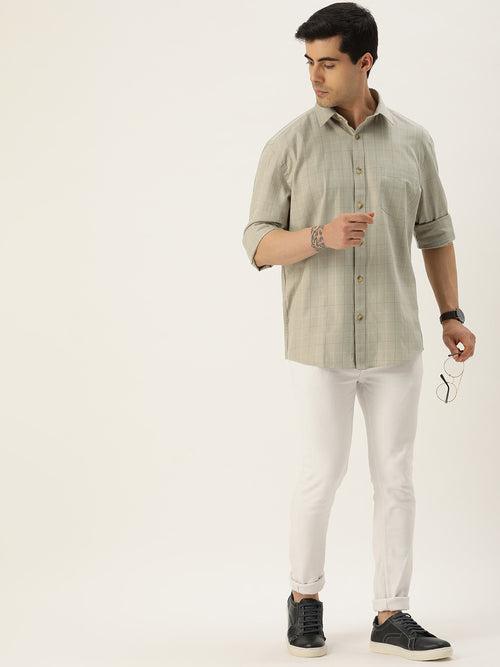 Beige Checks Cotton Regular Fit Casual Shirt