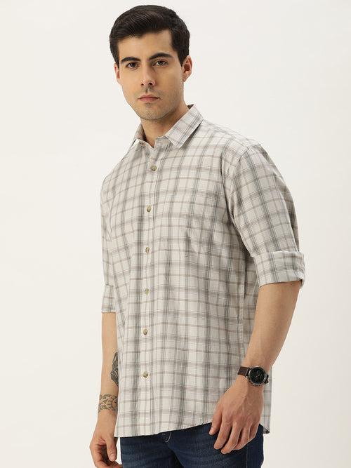 Beige Checks Cotton Regular Fit Casual Shirt