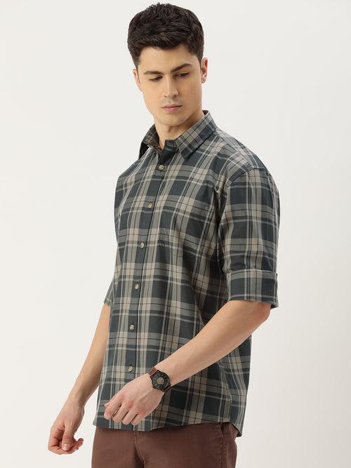 Beige & Grey Checks Cotton  Regular Fit Shirt