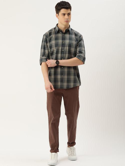 Beige & Grey Checks Cotton  Regular Fit Shirt