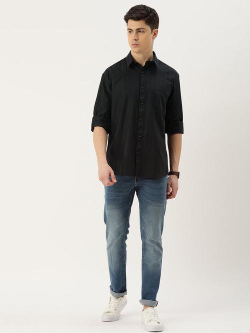 Black & Grey Striped Cotton  Regular Fit Shirt