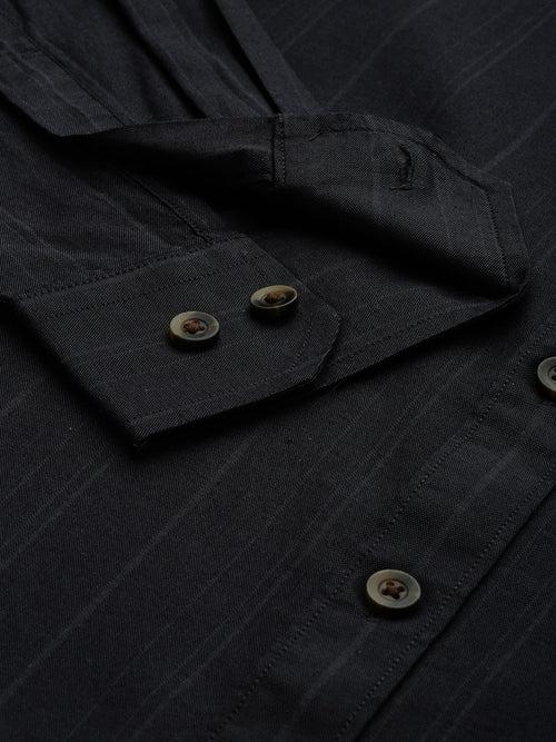 Black & Grey Striped Cotton  Regular Fit Shirt