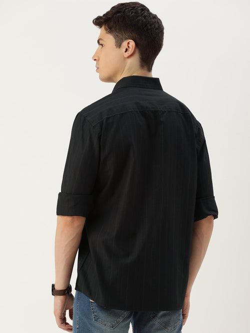 Black & Grey Striped Cotton  Regular Fit Shirt