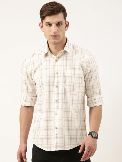 White & Beige Regular Fit Checked Casual Shirt