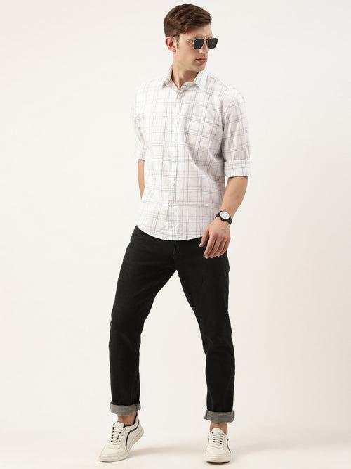 White & Grey Regular Fit Checked Casual Shirt