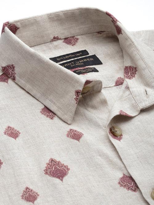 Beige & Maroon Printed  Linen Regular Fit Shirt