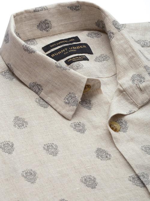 Beige & Grey Printed Linen  Regular Fit Shirt