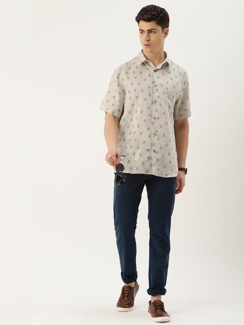 Beige & Grey Printed Linen  Regular Fit Shirt