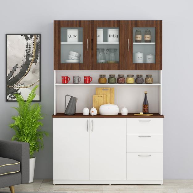 Modish Crockery Unit - 3Door - White+Walnut