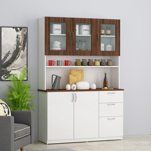 Modish Crockery Unit - 3Door - White+Walnut