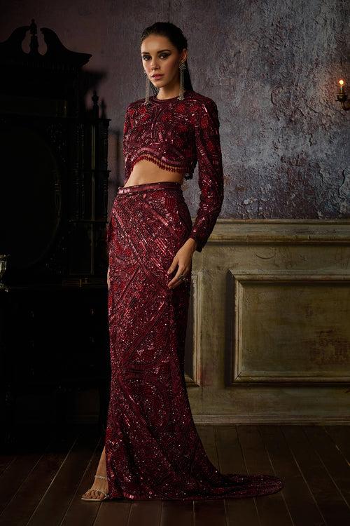 MAROON FULLY EMBROIDERED BLOUSE AND SLIT TRAIL SKIRT