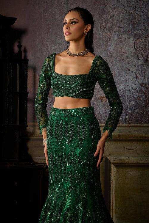 BOTTLE GREEN FULLY EMBROIDERED BLOUSE AND MERMAID SKIRT SET